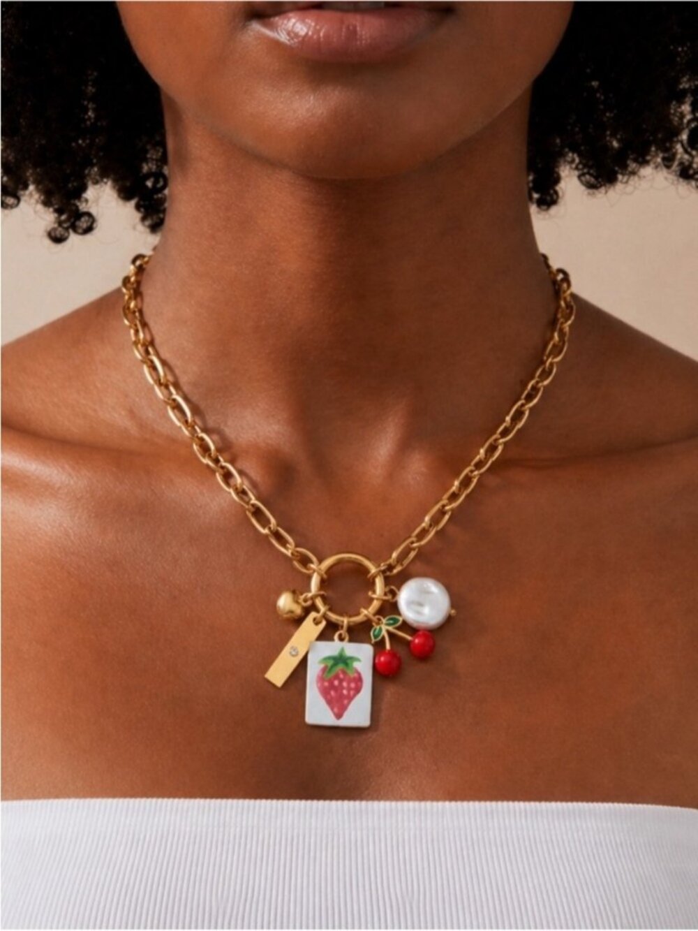 New! Coastal Strawberry Pearl Charm Gold Paperclip Chain Necklace (4016) NWOT